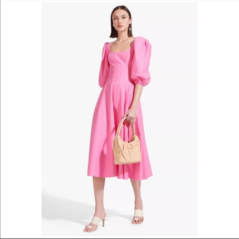 STAUD Swells Puff Sleeve MIDI dress in Wild Orchid